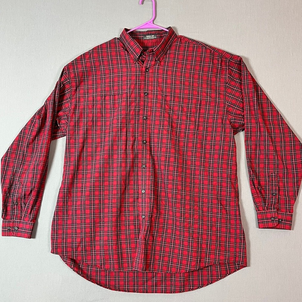 Van Heusen Button Down Shirt 2XLT Broadcloth Red Plaid EUC